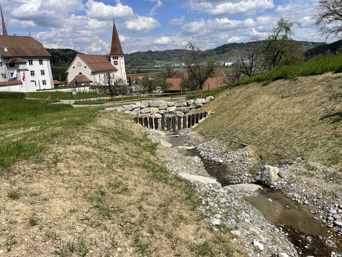 Renaturierter Bach mit Geschieberechen